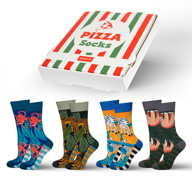 4 Paar von lustigen Socken mit Pizzamotiv einzigartiger Verpackung | Herrensocken | SOXO