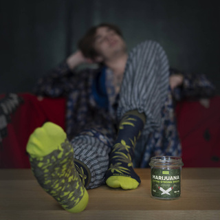 Men's colorful SOXO GOOD STUFF marijuana socks in a jar funny cotton