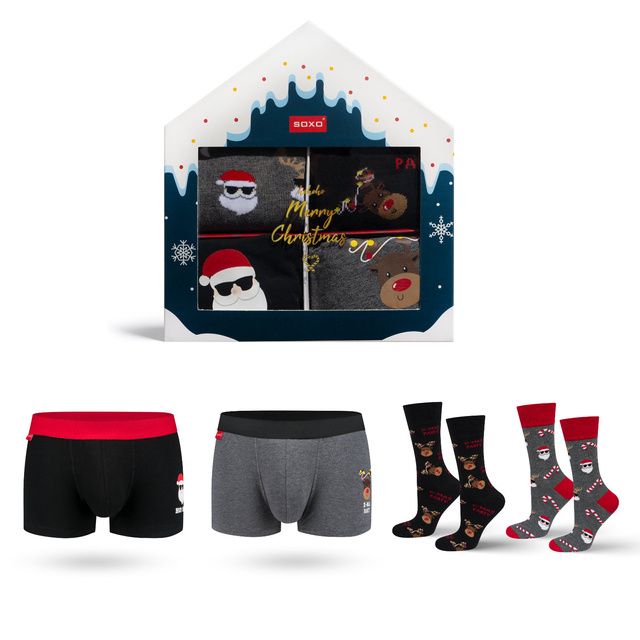 Set mit 2x Herrensocken + 2x Boxershorts mit Weihnachtsmotiv in einzigartiger Verpackung | SOXO