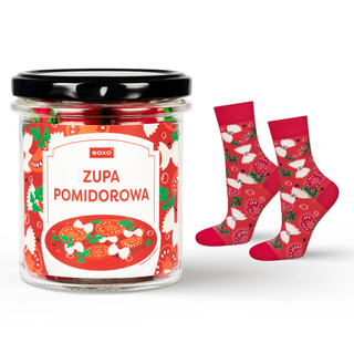 Bunte SOXO GOOD STUFF Damensocken Tomatensuppe im Glas, eine Idee für ein lustiges Geschenk