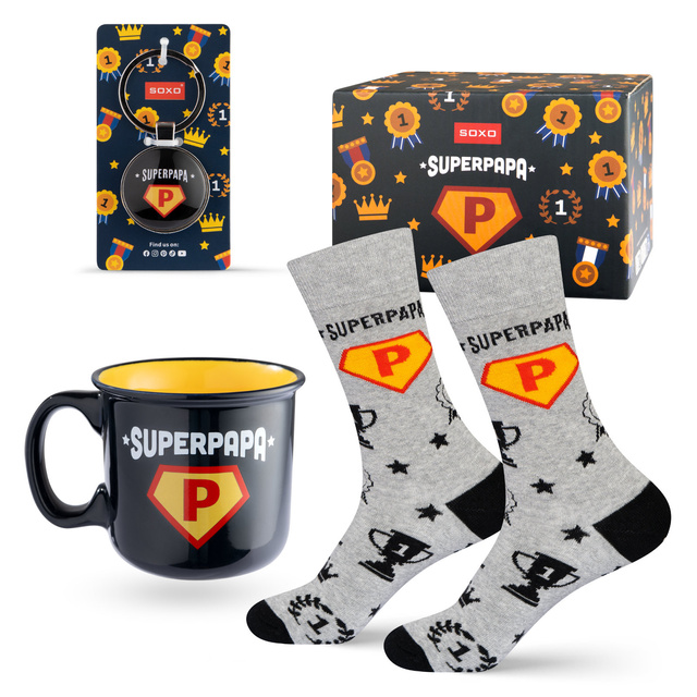 Set of men's socks Super Papa in a cup with a keychain