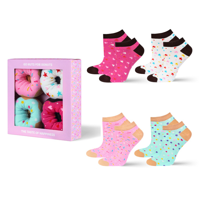 Set of 4x Colorful SOXO women's socks Donuts in a box