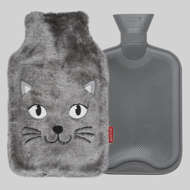 Hot water bottle 1.8L grey SOXO warmer in furry plush cover PRESENT