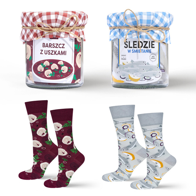 Set of socks in a jar, herring and borscht with dumplings
