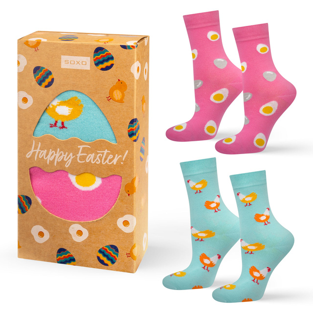 2 Paar von lustigen Socken mit Ei und Hahnmotiv in einzigartiger Verpackung | Damensocken | SOXO