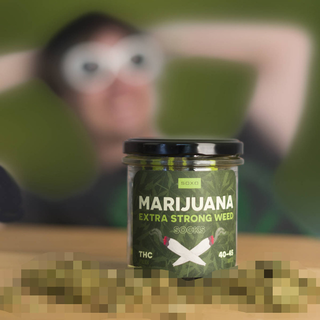 Men's colorful SOXO GOOD STUFF marijuana socks in a jar funny cotton