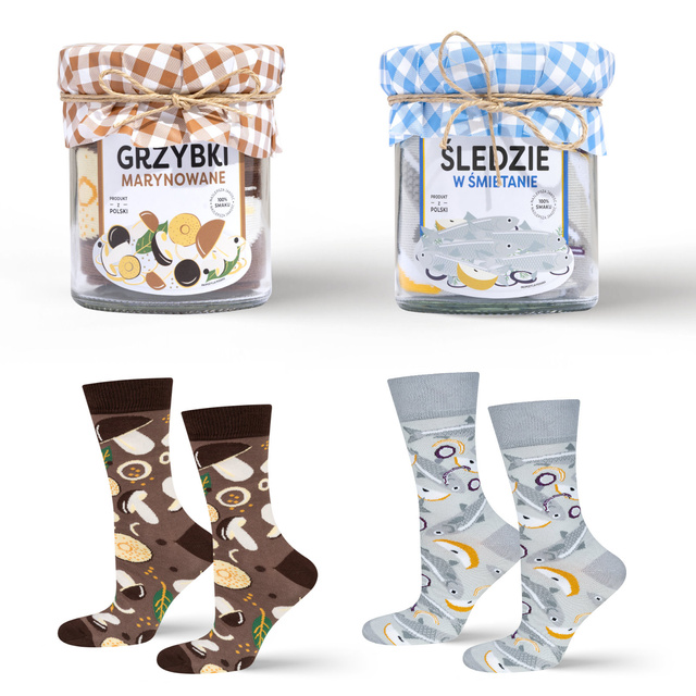 Set of socks in a jar mushrooms and herring