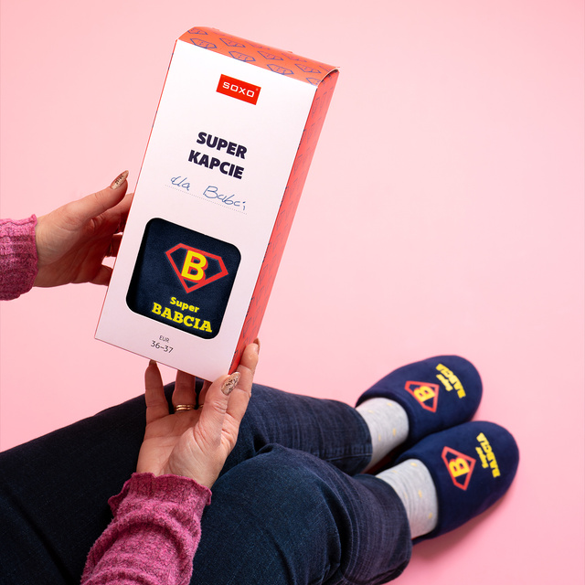 Slippers for Grandma SOXO in a gift box with funny Polish inscriptions