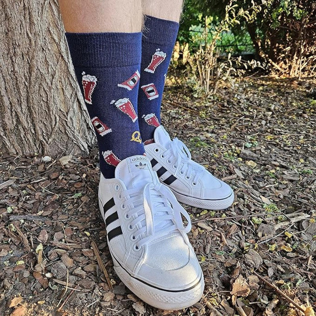 Men's colorful SOXO GOOD STUFF socks funny Irish Red Ale roasted in a can with polish inscriptions