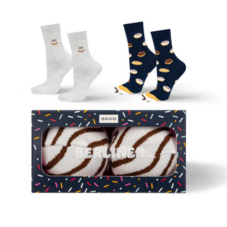Set mit 2 SOXO Donut-Socken für Damen in einer rosa Box, perfekt als Geschenk