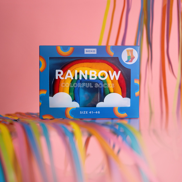 1 Paar von lustigen Socken mit Regenbogenmotiv in einzigartiger Verpackung | Damen-/Herrensocken | SOXO