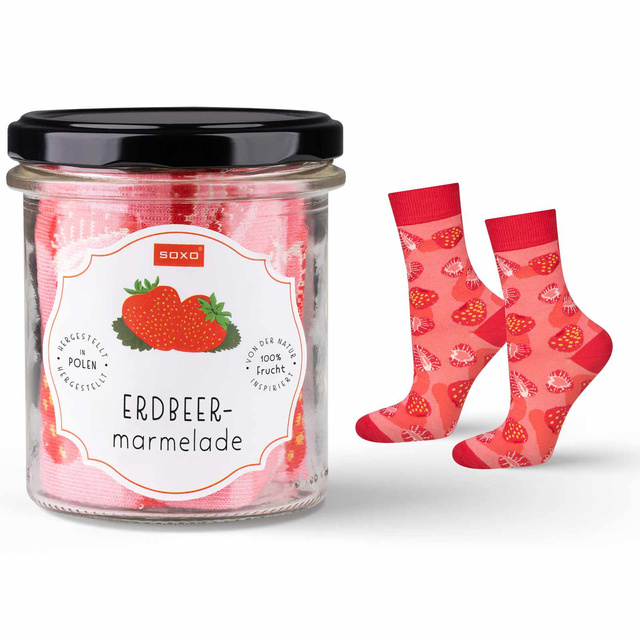 SOXO GOOD STUFF rote Damensocken lustige Erdbeermarmelade im Glas