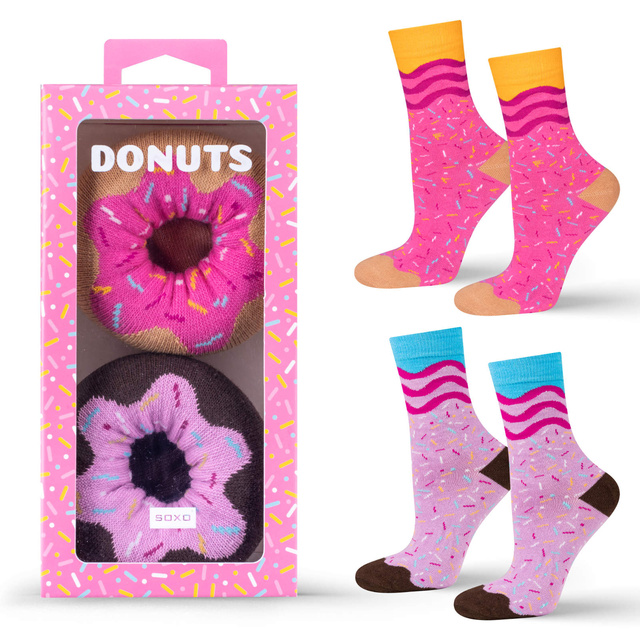 2 Paar von lustigen Socken mit Donutmotiv in einzigartiger Verpackung | Damensocken | SOXO
