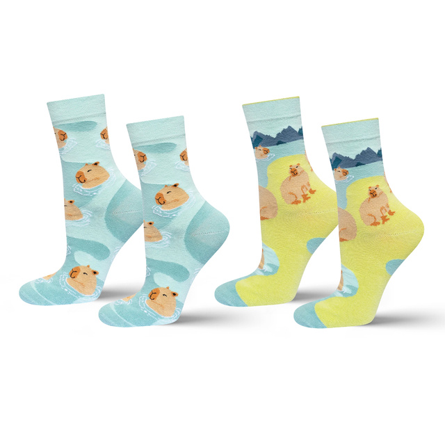 2 Paar von lustigen Socken mit Capybara im Wasser-Motiv | Damen-/Herrensocken | SOXO