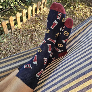 Men's colorful SOXO GOOD STUFF socks funny Irish Red Ale roasted in a can with polish inscriptions