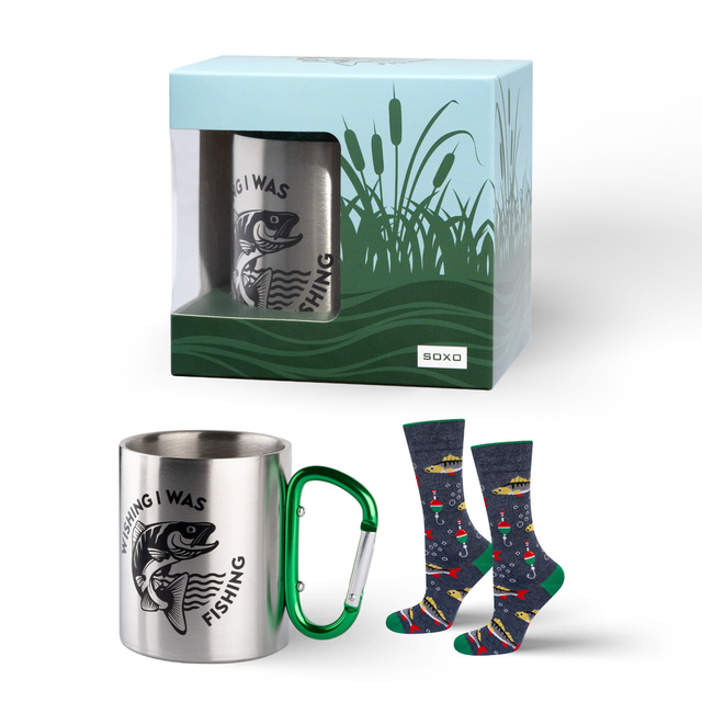 Set mit 1x lustigen Herrensocken + 1x Tasse Fische in einzigartiger Verpackung  | SOXO