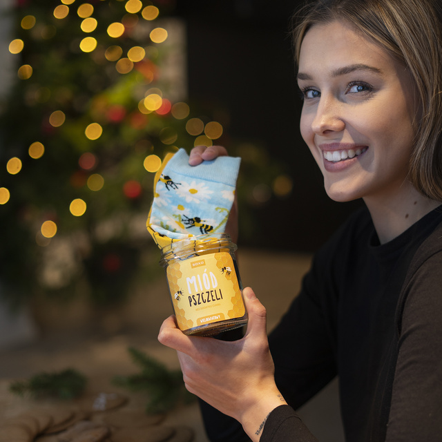 Women's SOXO GOOD STUFF socks with honey in a jar