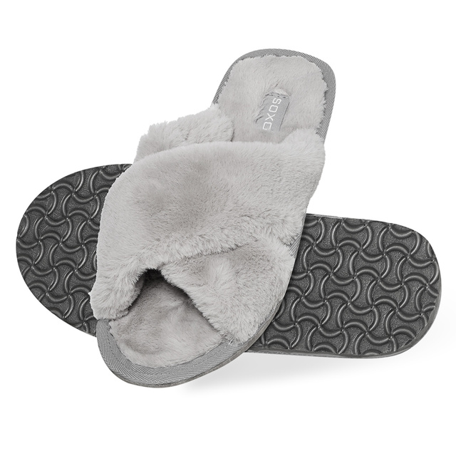 Women's slippers SOXO fur gray with a hard TPR sole