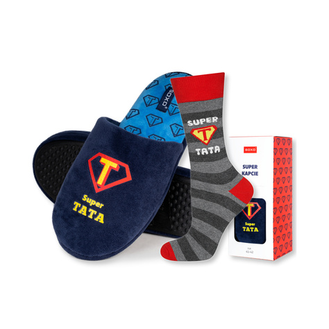 Dad Gift: 1x colorful SOXO men's socks and 1x men's slippers with inscriptions "Super Tata" | Father's Day gift