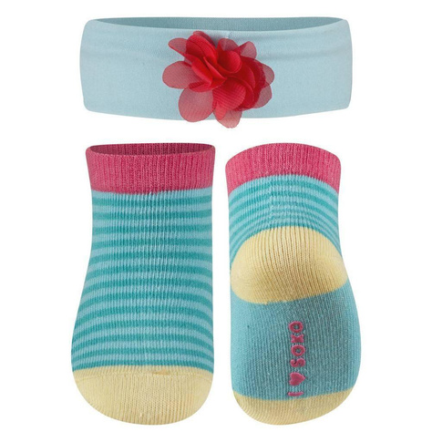 A set of blue SOXO baby socks with a headband