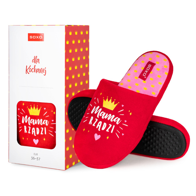 Hausschuhe für Mama SOXO mit polnischer Inschrift in einer Geschenkbox