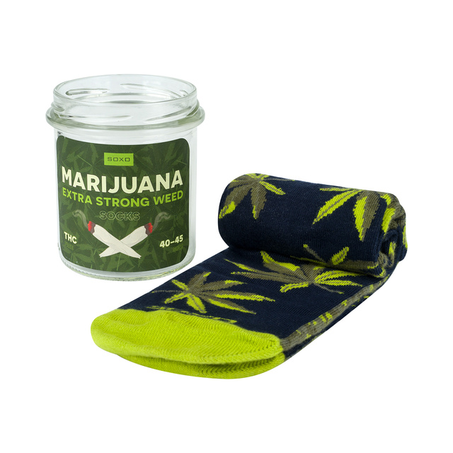 Men's colorful SOXO GOOD STUFF marijuana socks in a jar funny cotton