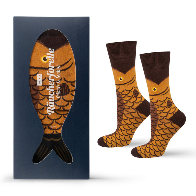 Herren Farbige Socken SOXO geräucherte Forelle in einer Schachtel