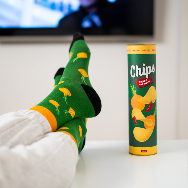 3 Paar von lustigen Socken mit Chipsmotiv in einzigartiger Verpackung | Damen-/Herrensocken | SOXO