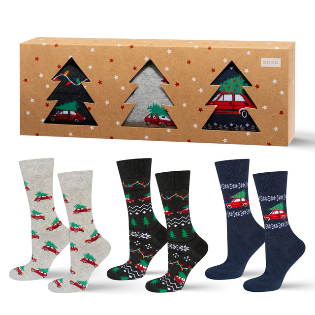 3 Paare von lustige Socken mit Weihnachtsautos-Motiv in einzigartiger Verpackung | Herrensocken | SOXO
